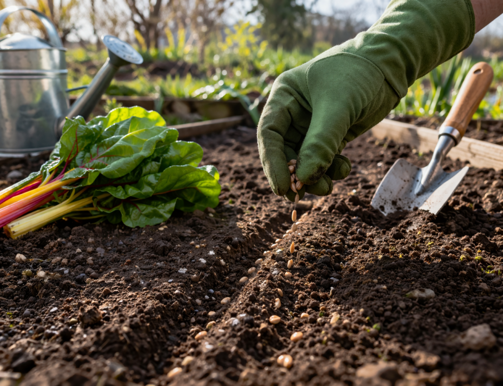 Aussaat von Spinat im Beet im Frühling in Reihen