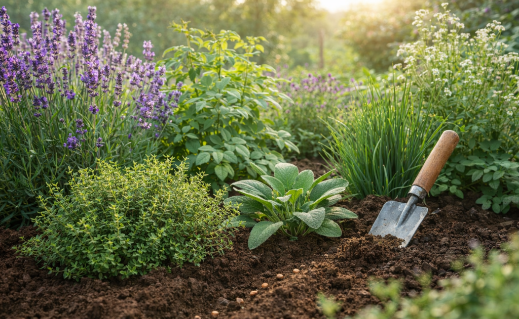 Kräuterbeet Lavendel Thymian Salbei Schnittlauch Kräuteranbau Garten im März