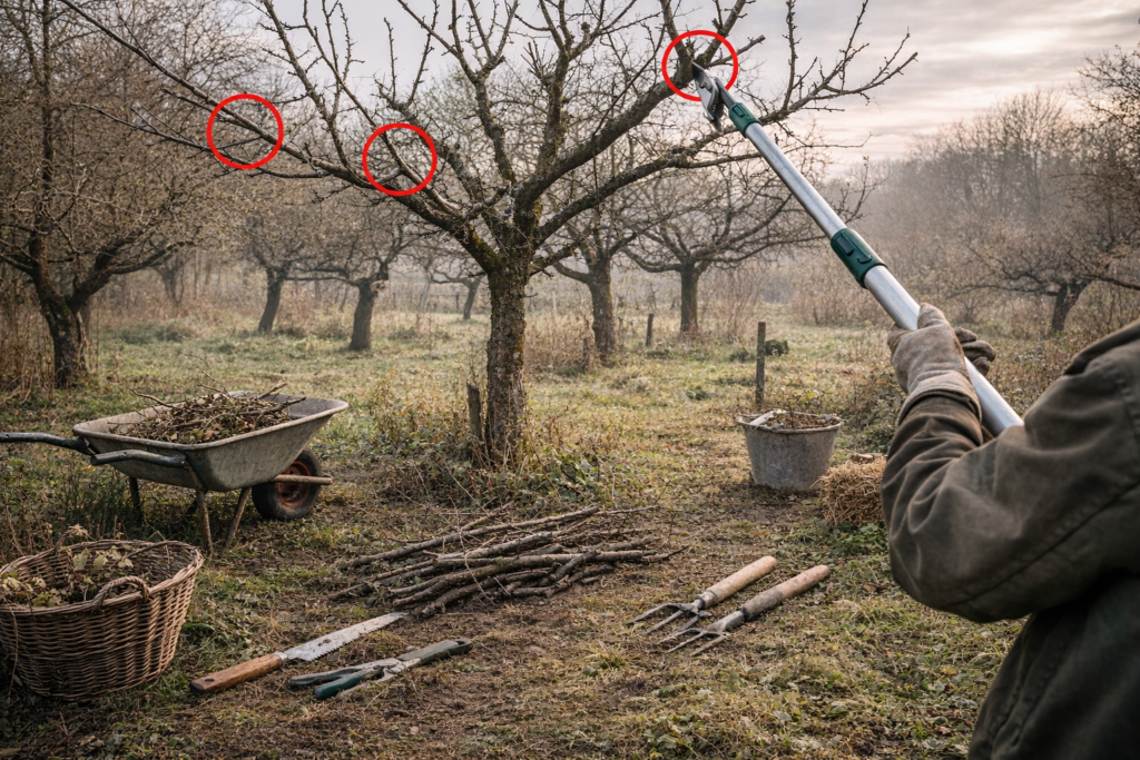 Apfelbaum schneiden im Frühling Garten im März Obstbaumschnitt
