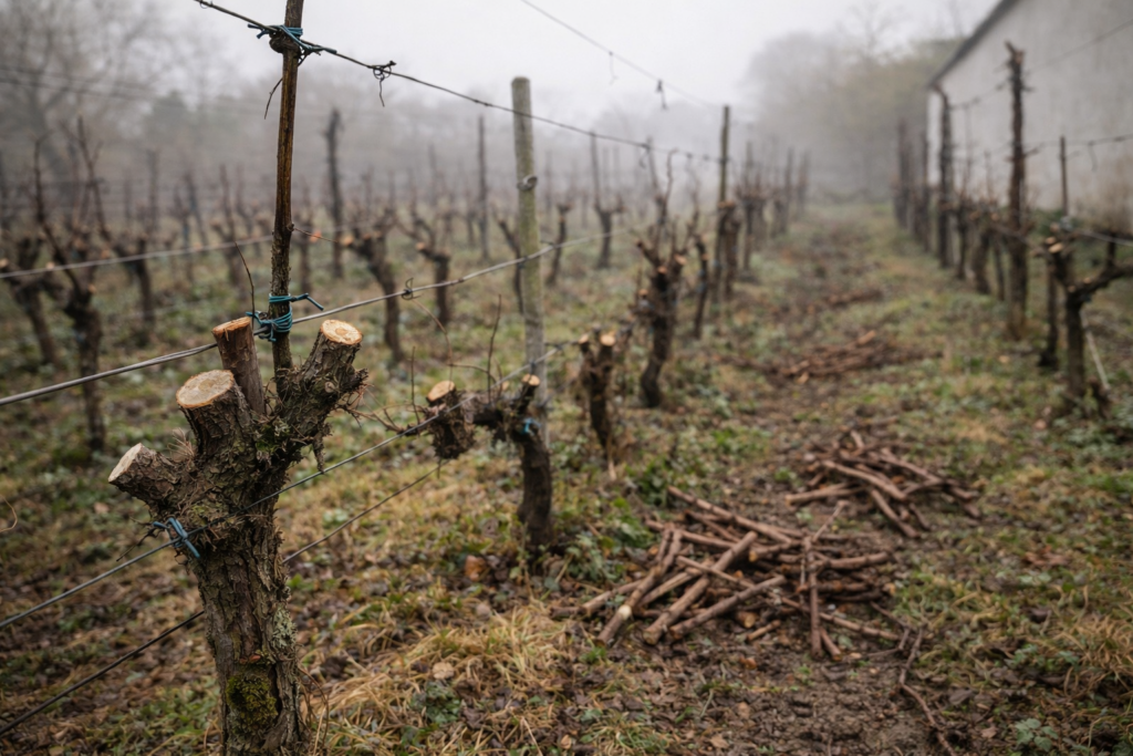 Frühjahrschnitt der Weinrebe im Weinberg