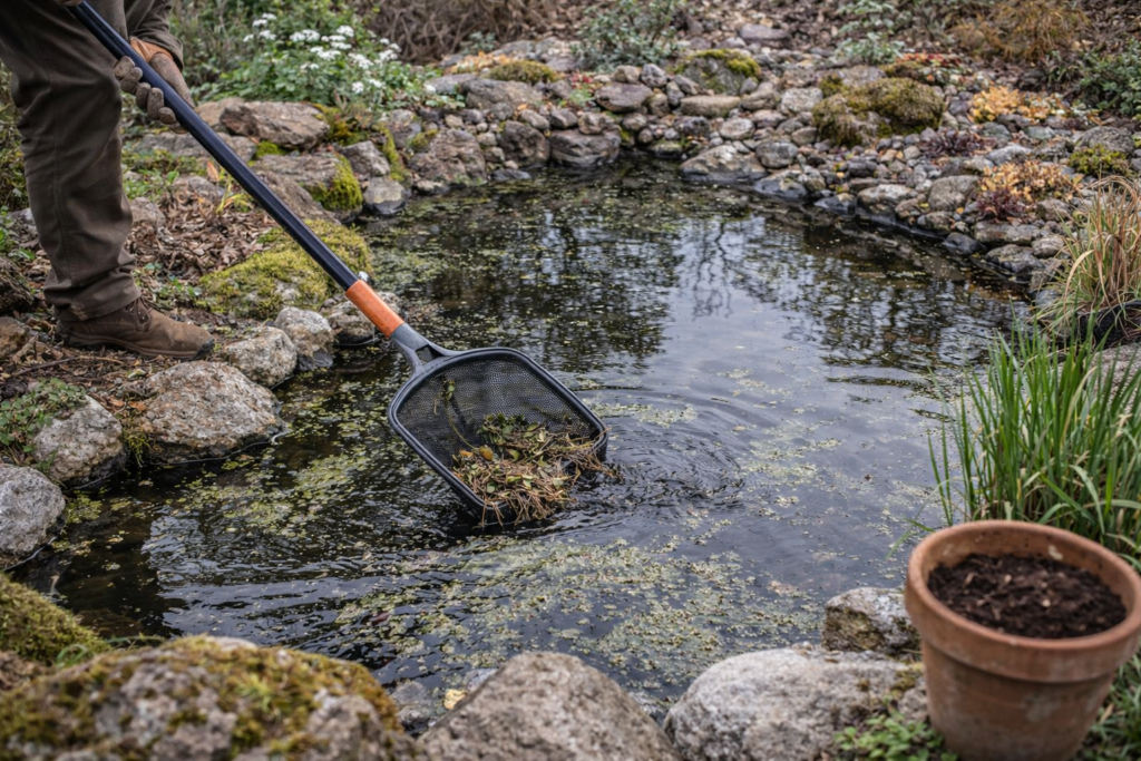 Frühjahrsreinigung des Gartenteichs und Pflege der Wasserelemente