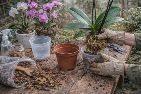 Umtopfen einer Orchidee in neues Substrat im Frühling